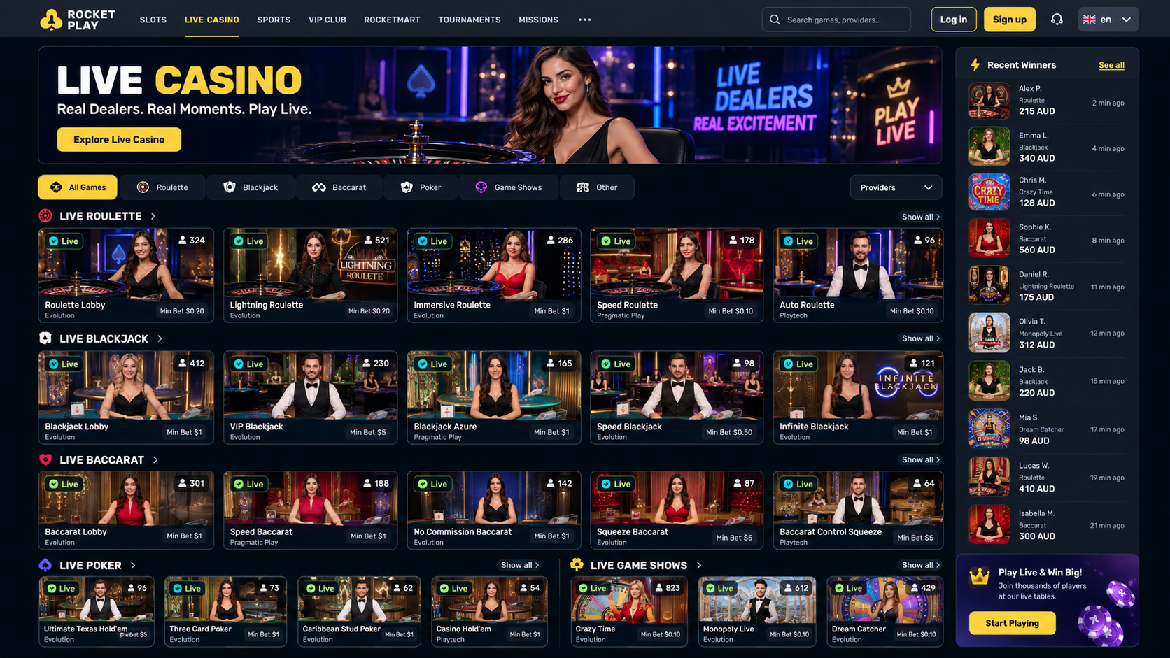 RocketPlay Casino live dealer games